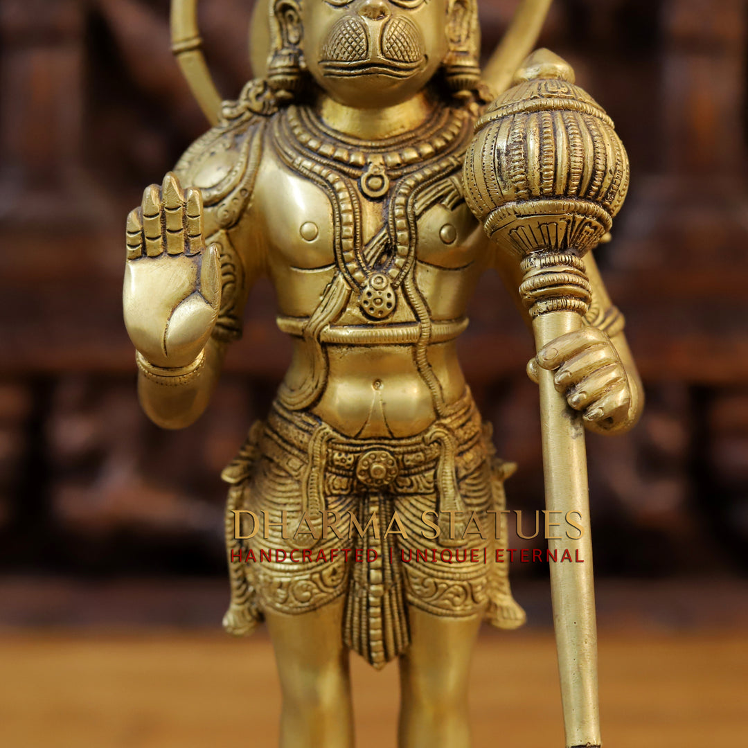 Brass Lord Hanuman Idol, Standing on a Lotus Pedastal , Fine Golden Finish 14.5"