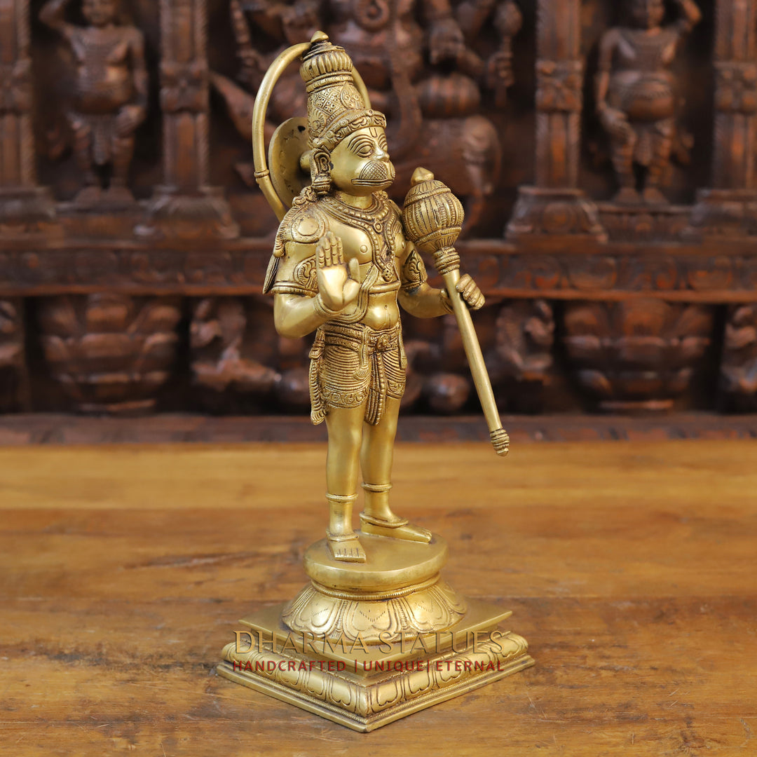 Brass Lord Hanuman Idol, Standing on a Lotus Pedastal , Fine Golden Finish 14.5"