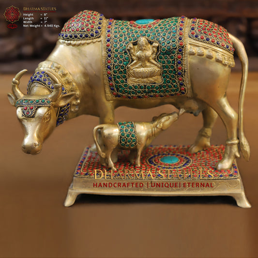 Brass Cow With Calf Standing on Chowki, Lakshmi Ji Engraved, Golden Finish & Stonework, 8"