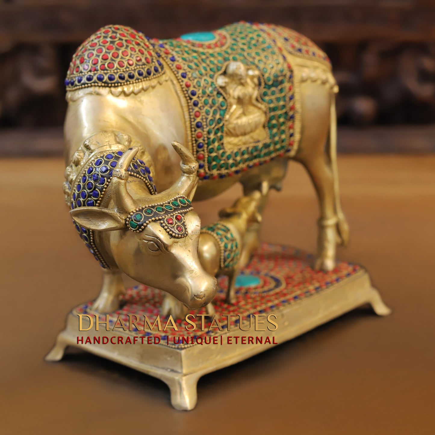 Brass Cow With Calf Standing on Chowki, Lakshmi Ji Engraved, Golden Finish & Stonework, 8"