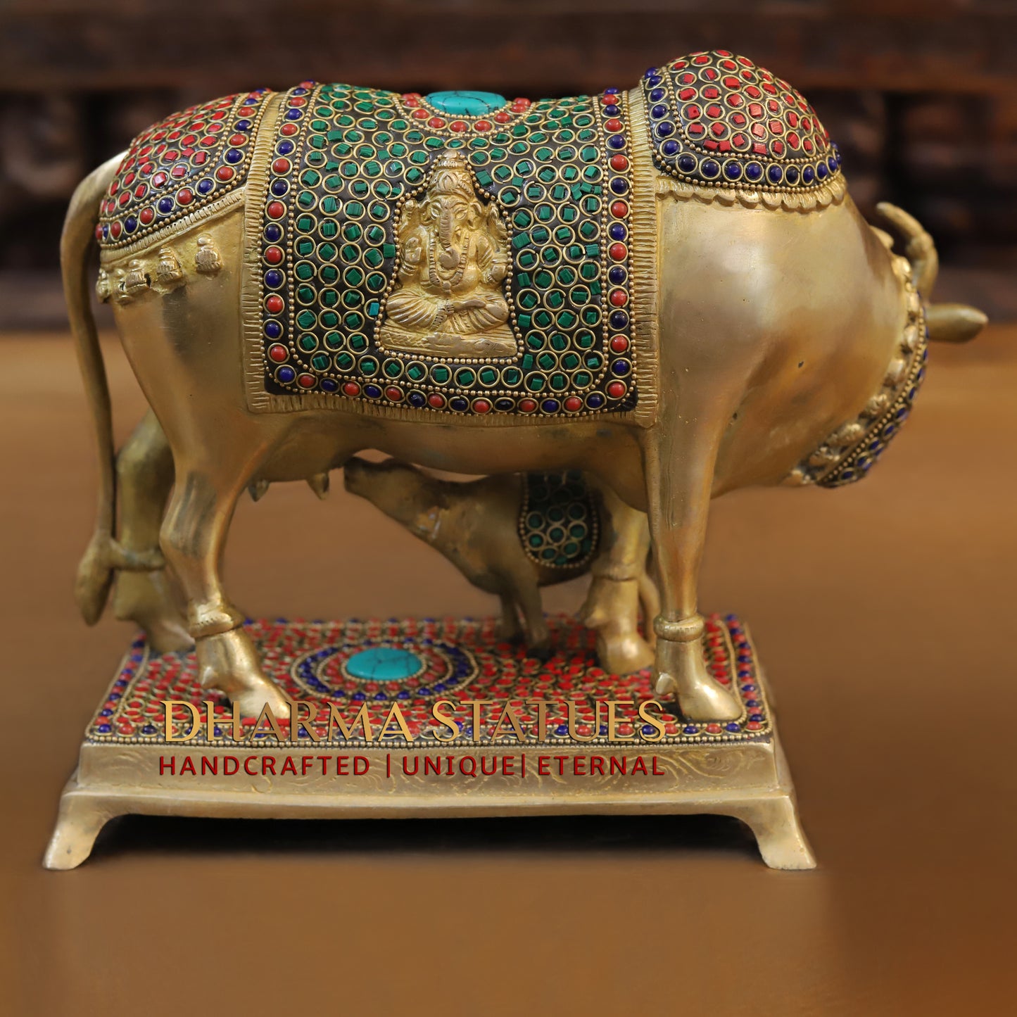 Brass Cow With Calf Standing on Chowki, Lakshmi Ji Engraved, Golden Finish & Stonework, 8"