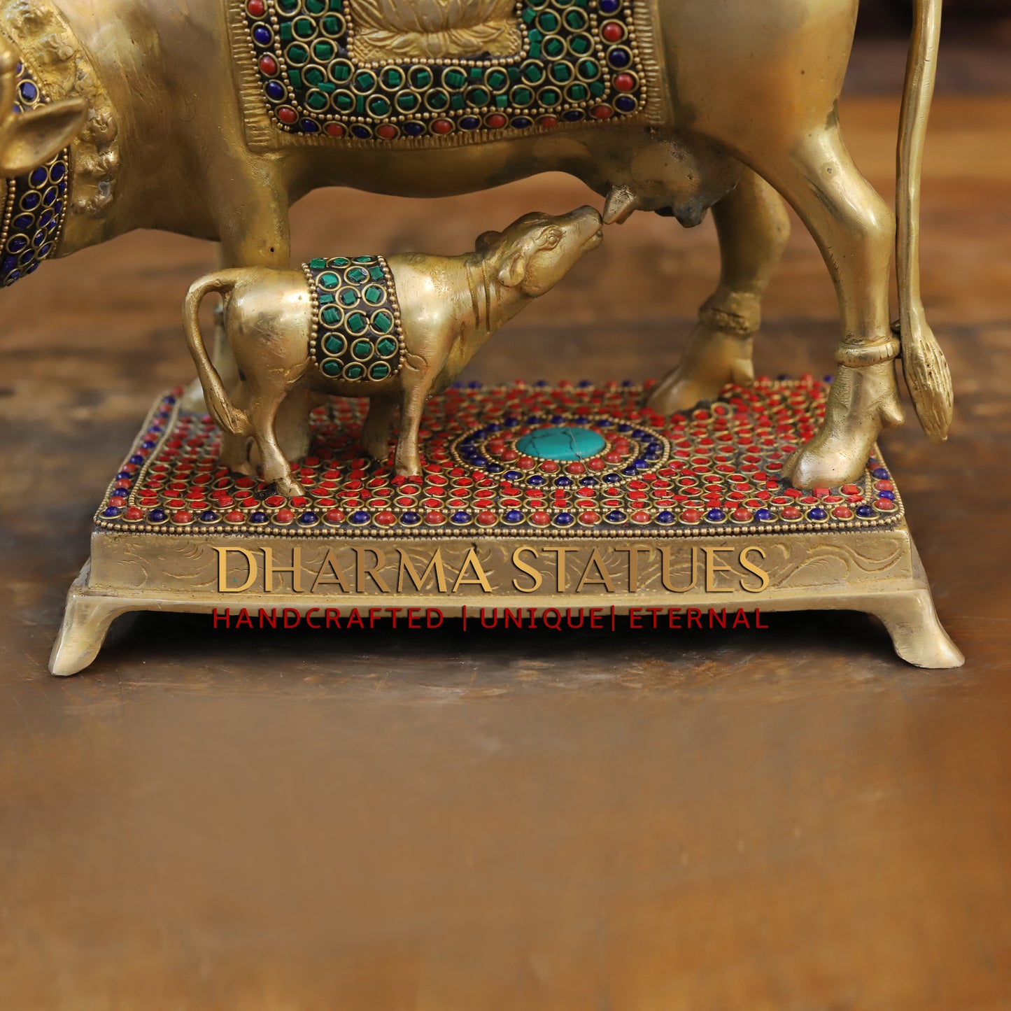 Brass Cow With Calf Standing on Chowki, Lakshmi Ji Engraved, Golden Finish & Stonework, 8"