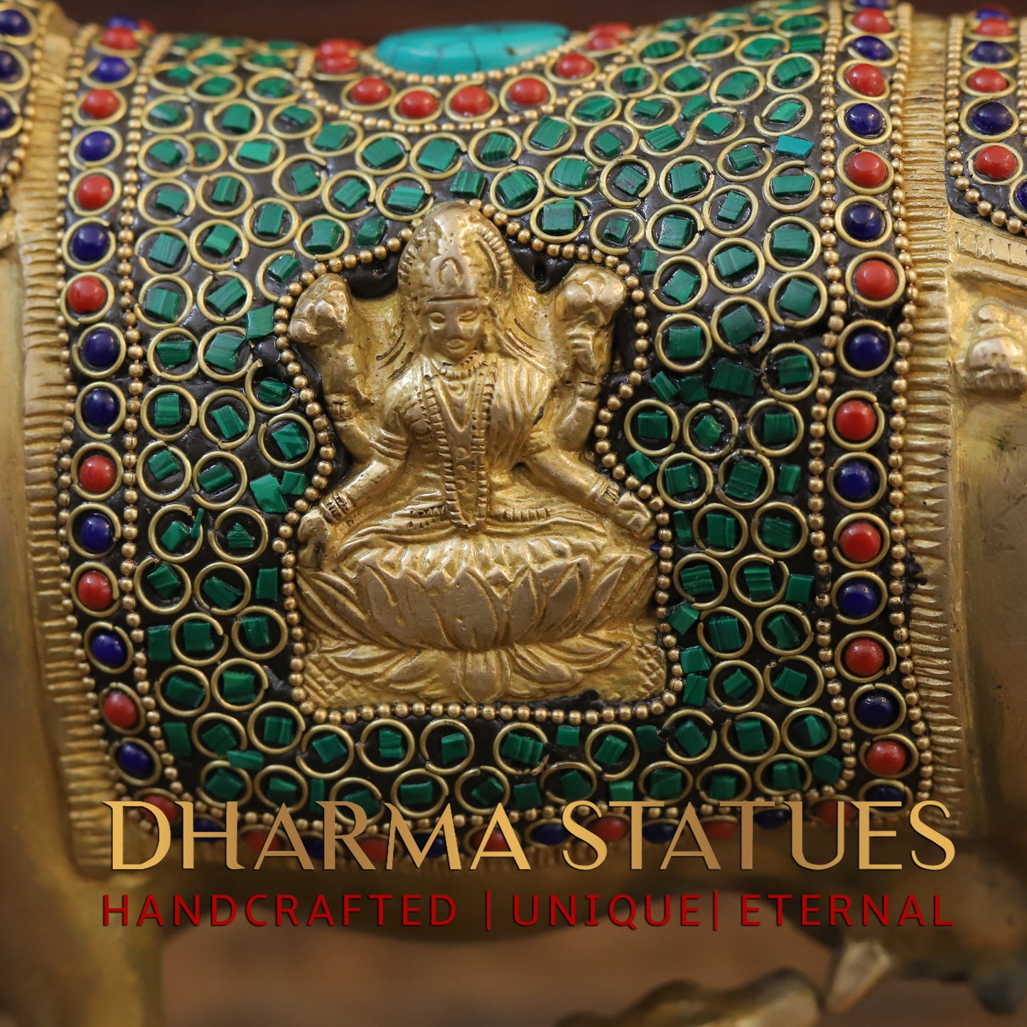 Brass Cow With Calf Standing on Chowki, Lakshmi Ji Engraved, Golden Finish & Stonework, 8"