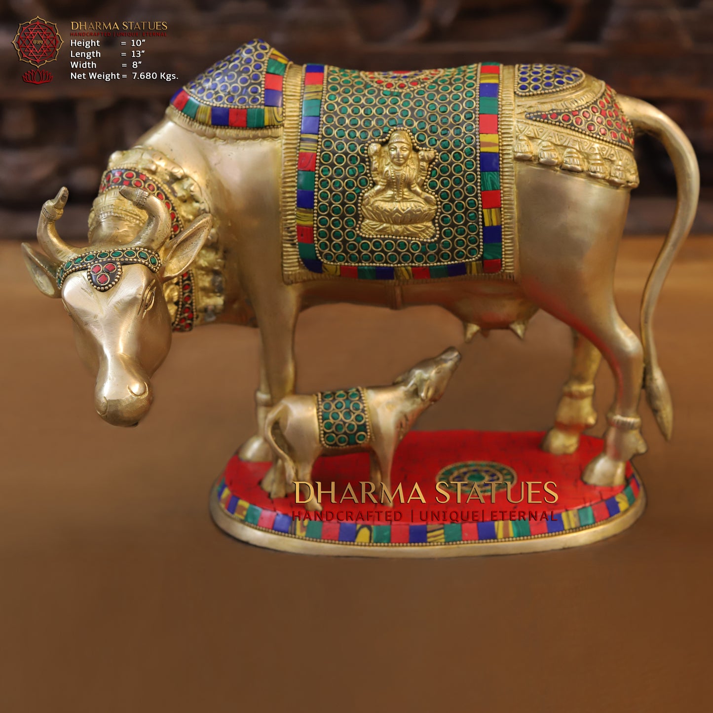 Brass Cow With Calf Standing on Base, Lakshmi Ji Engraved, Golden Finish & Stonework, 10"