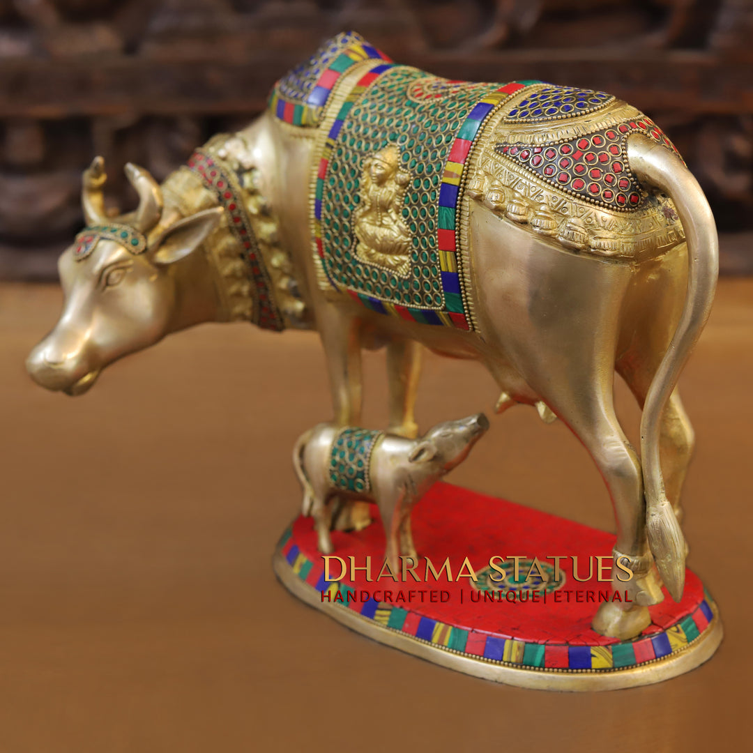 Brass Cow With Calf Standing on Base, Lakshmi Ji Engraved, Golden Finish & Stonework, 10"