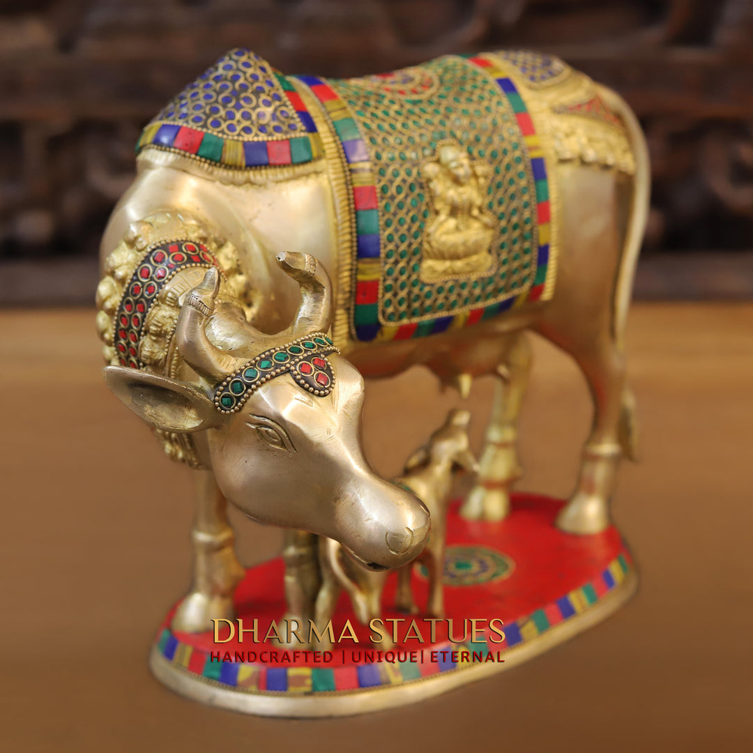 Brass Cow With Calf Standing on Base, Lakshmi Ji Engraved, Golden Finish & Stonework, 10"