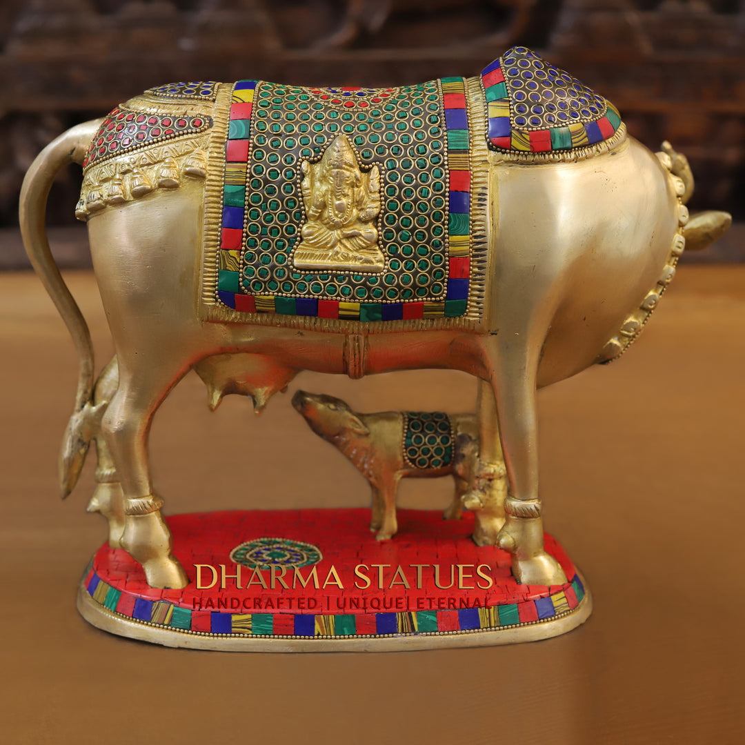 Brass Cow With Calf Standing on Base, Lakshmi Ji Engraved, Golden Finish & Stonework, 10"