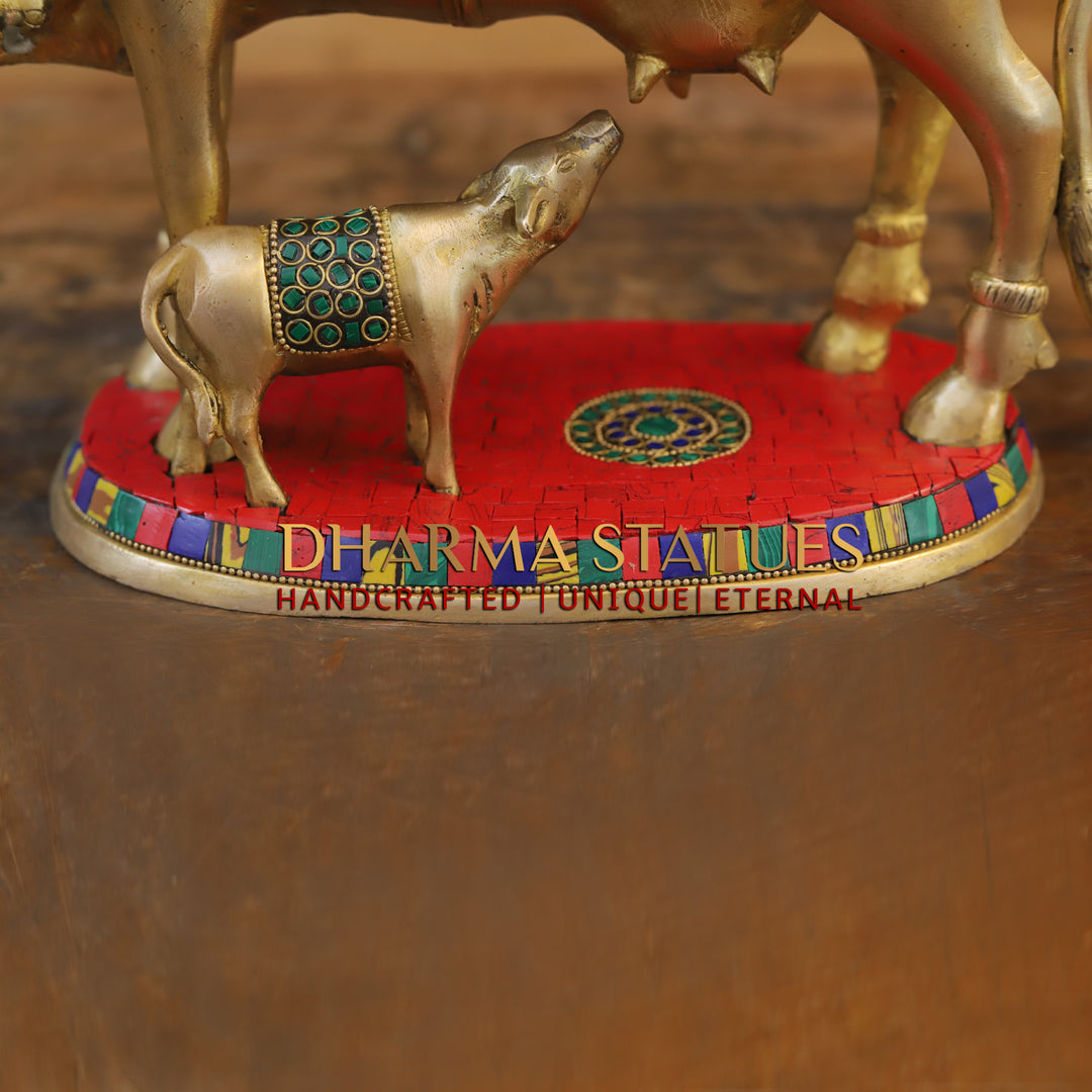 Brass Cow With Calf Standing on Base, Lakshmi Ji Engraved, Golden Finish & Stonework, 10"