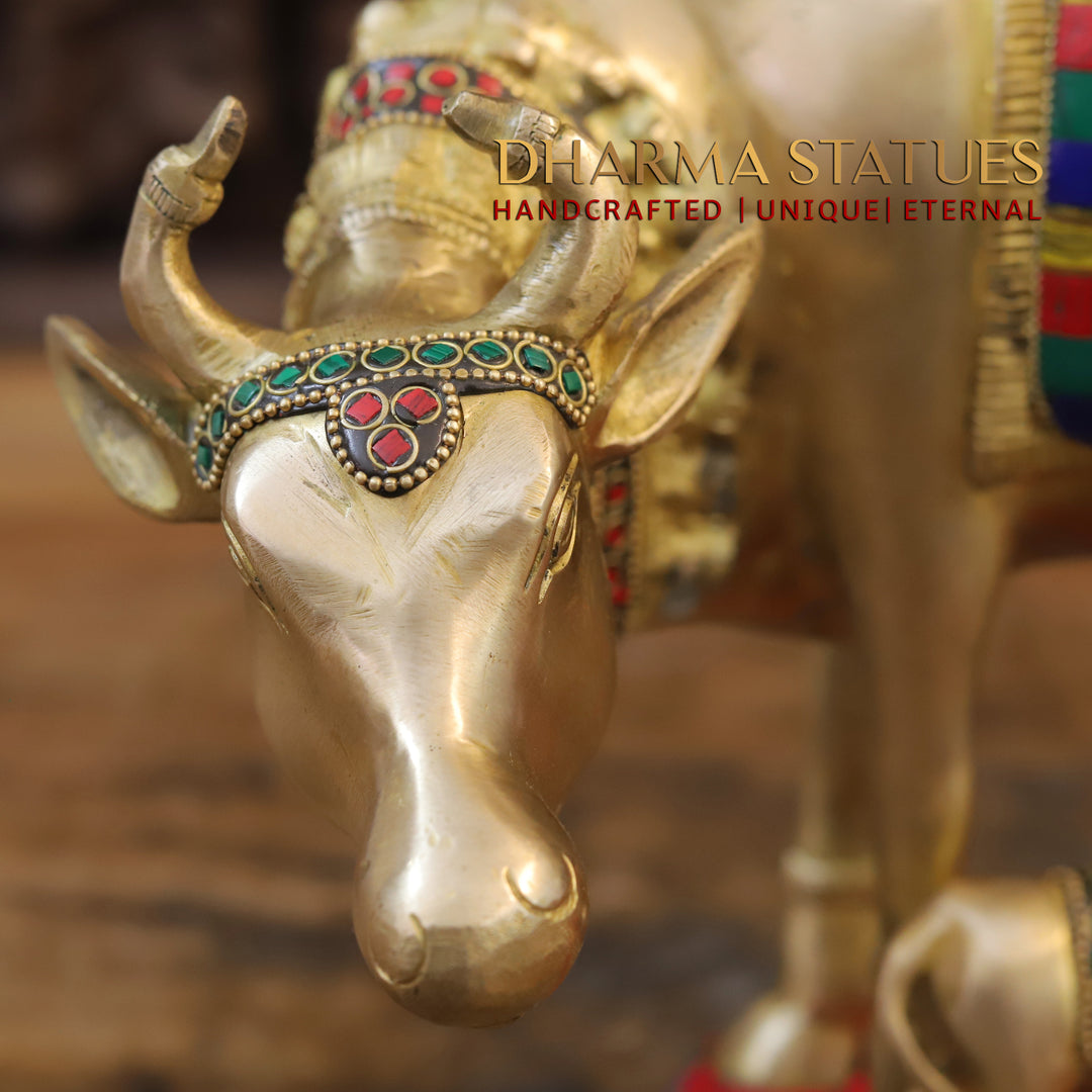 Brass Cow With Calf Standing on Base, Lakshmi Ji Engraved, Golden Finish & Stonework, 10"