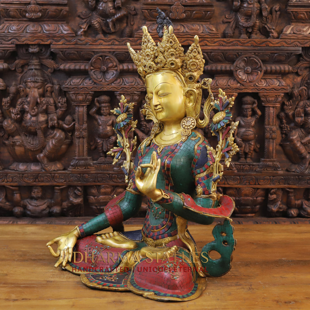 Brass Tara Idol, Seated, Fine Golden and Stone work 27"