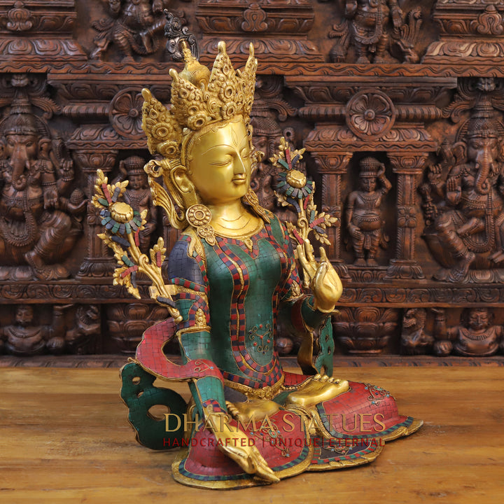 Brass Tara Idol, Seated, Fine Golden and Stone work 27"