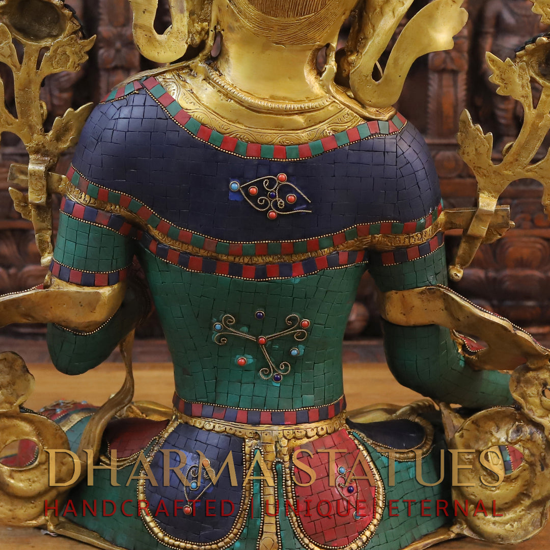 Brass Tara Idol, Seated, Fine Golden and Stone work 27"