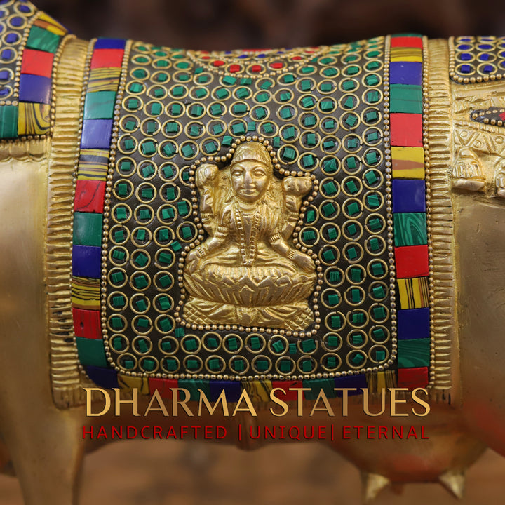 Brass Cow With Calf Standing on Base, Lakshmi Ji Engraved, Golden Finish & Stonework, 10"