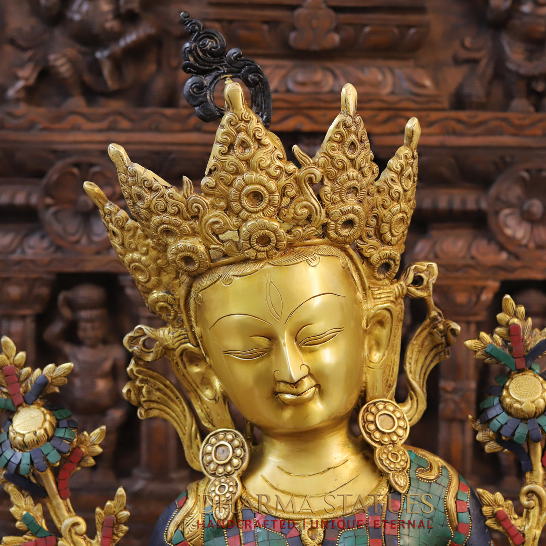 Brass Tara Idol, Seated, Fine Golden and Stone work 27"