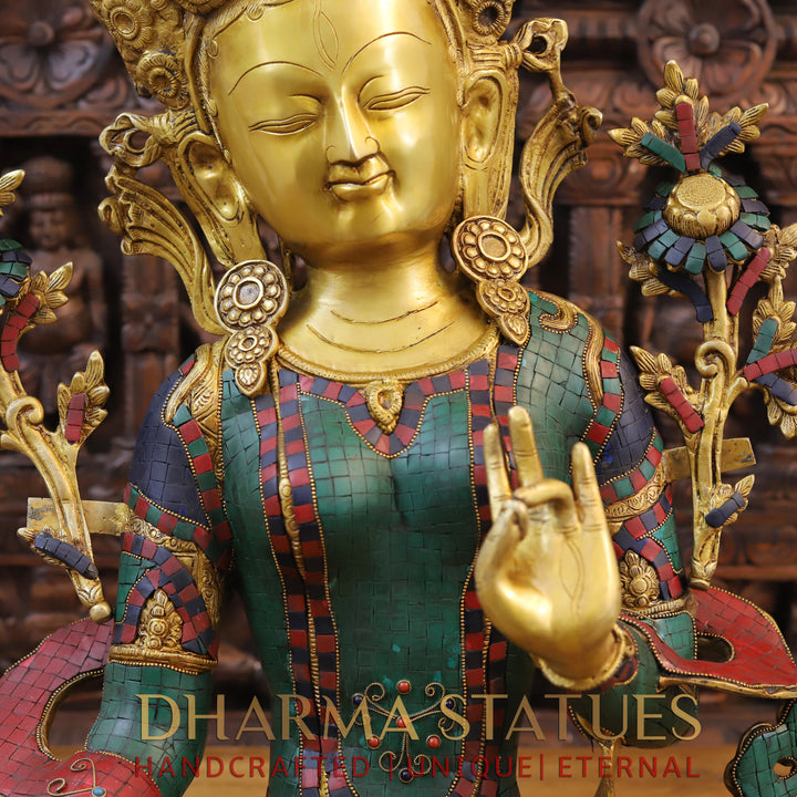 Brass Tara Idol, Seated, Fine Golden and Stone work 27"