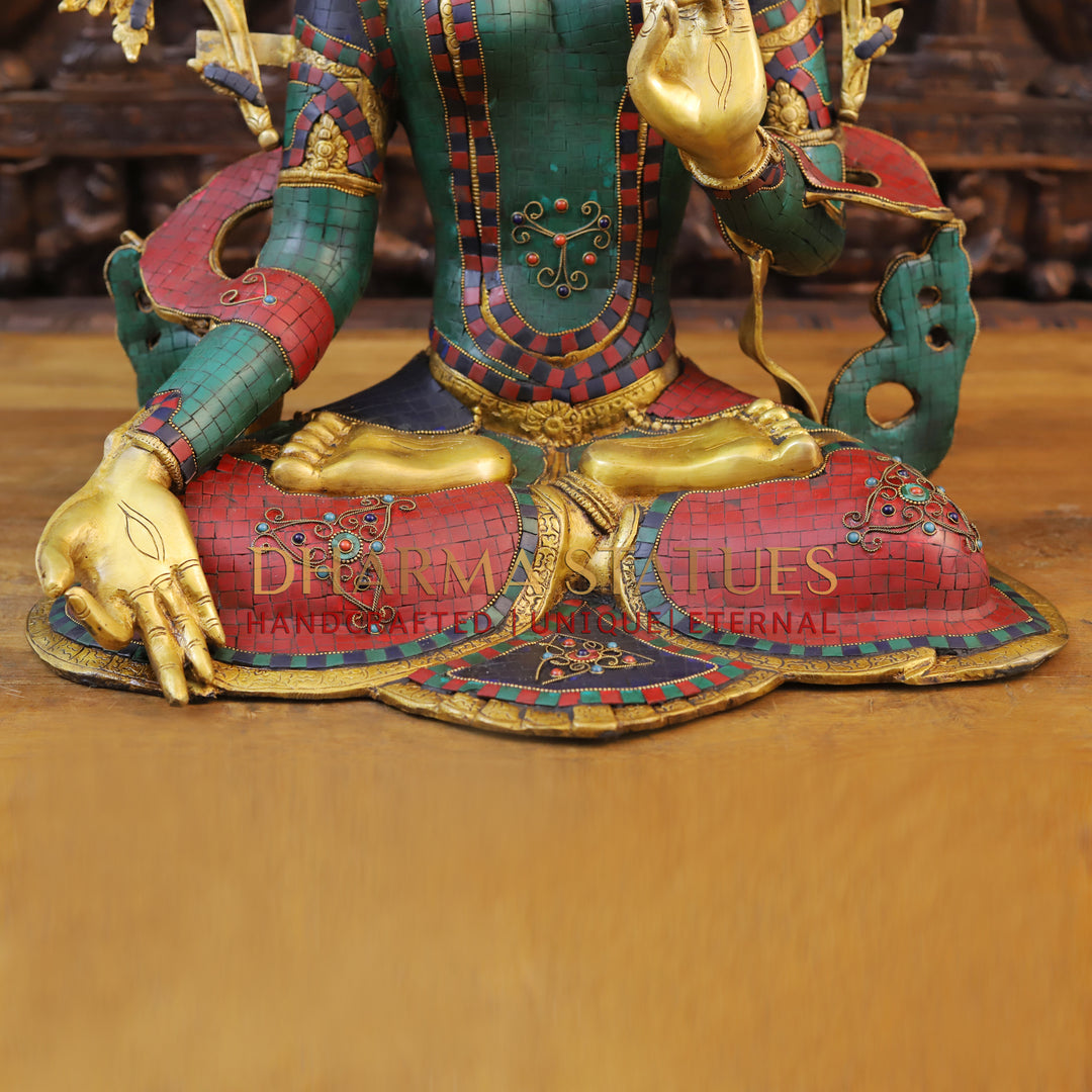 Brass Tara Idol, Seated, Fine Golden and Stone work 27"