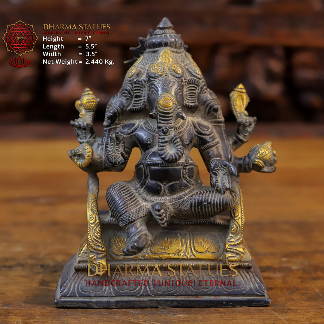 Brass Ganesh Idol, Seated on a Base, Black Patina & Golden Finish, 7" Front View