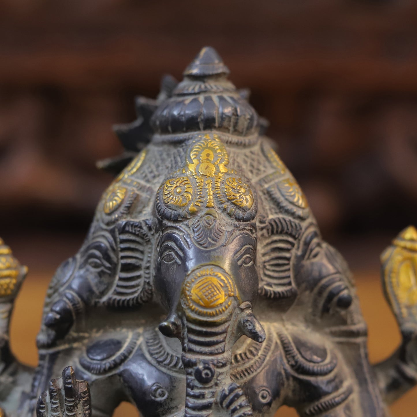 Brass Ganesh 3 face seated, Black Patina & Golden Finish, 7"