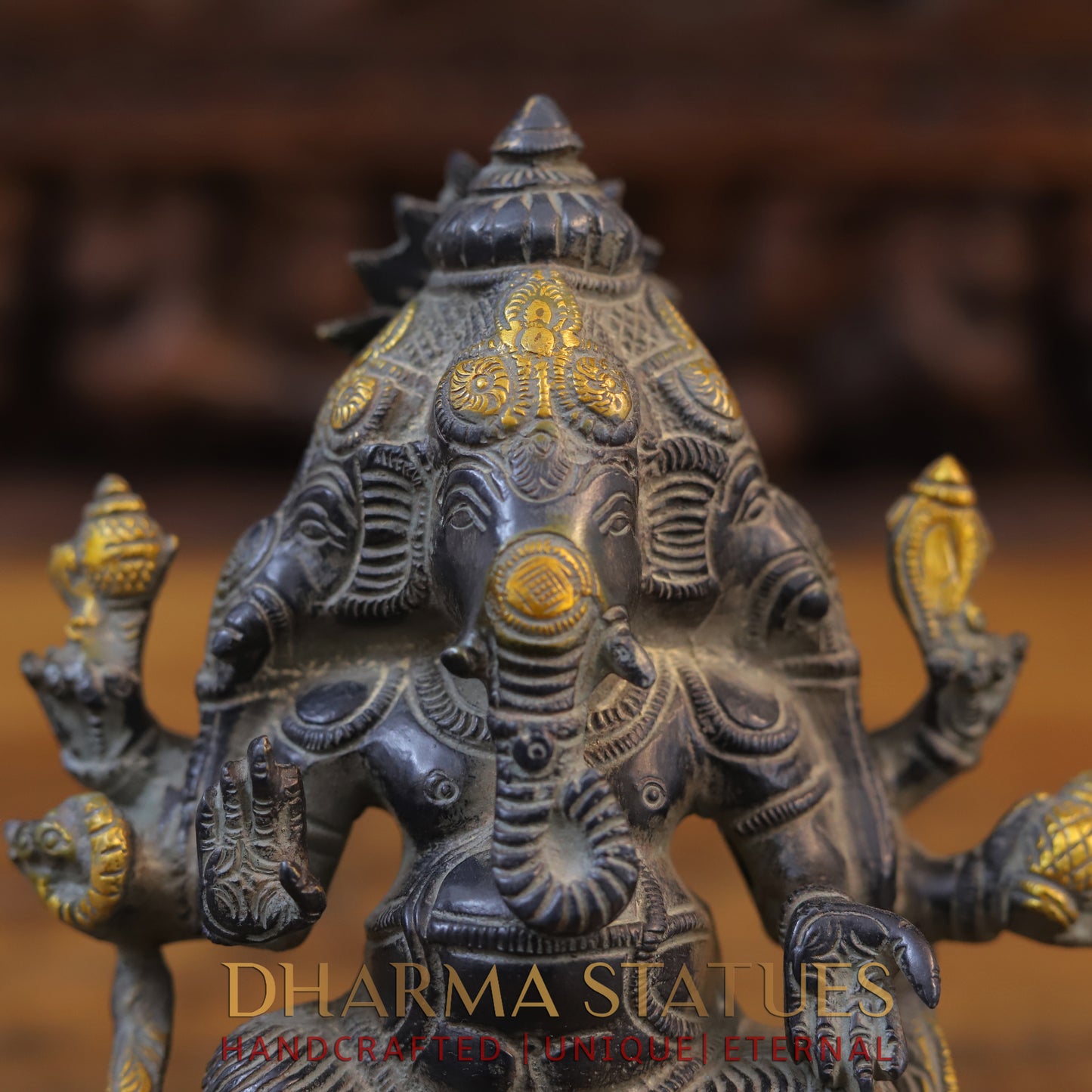 Brass Ganesh 3 face seated, Black Patina & Golden Finish, 7"