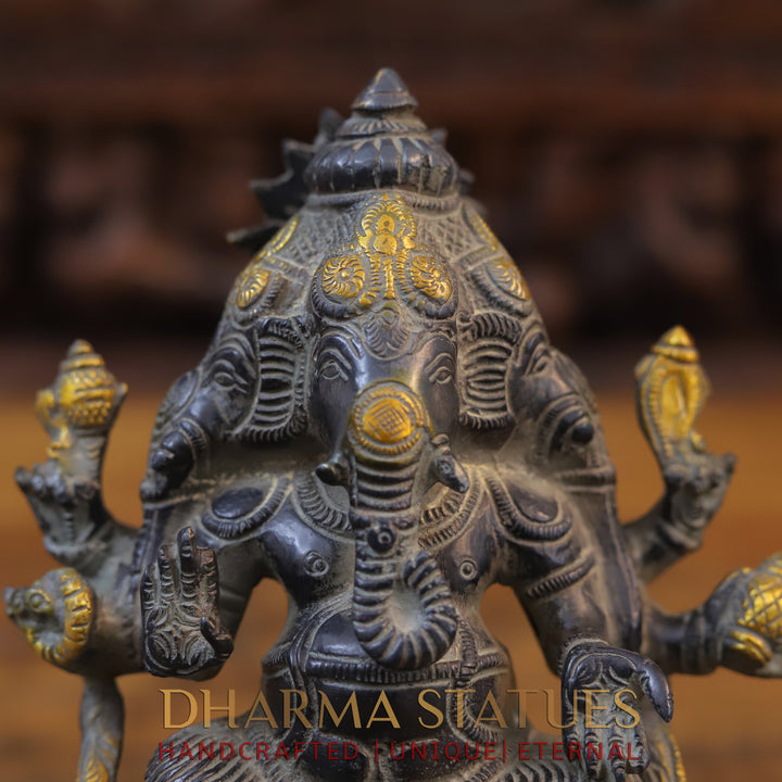 Brass Ganesh 3 face seated, Black Patina & Golden Finish, 7"