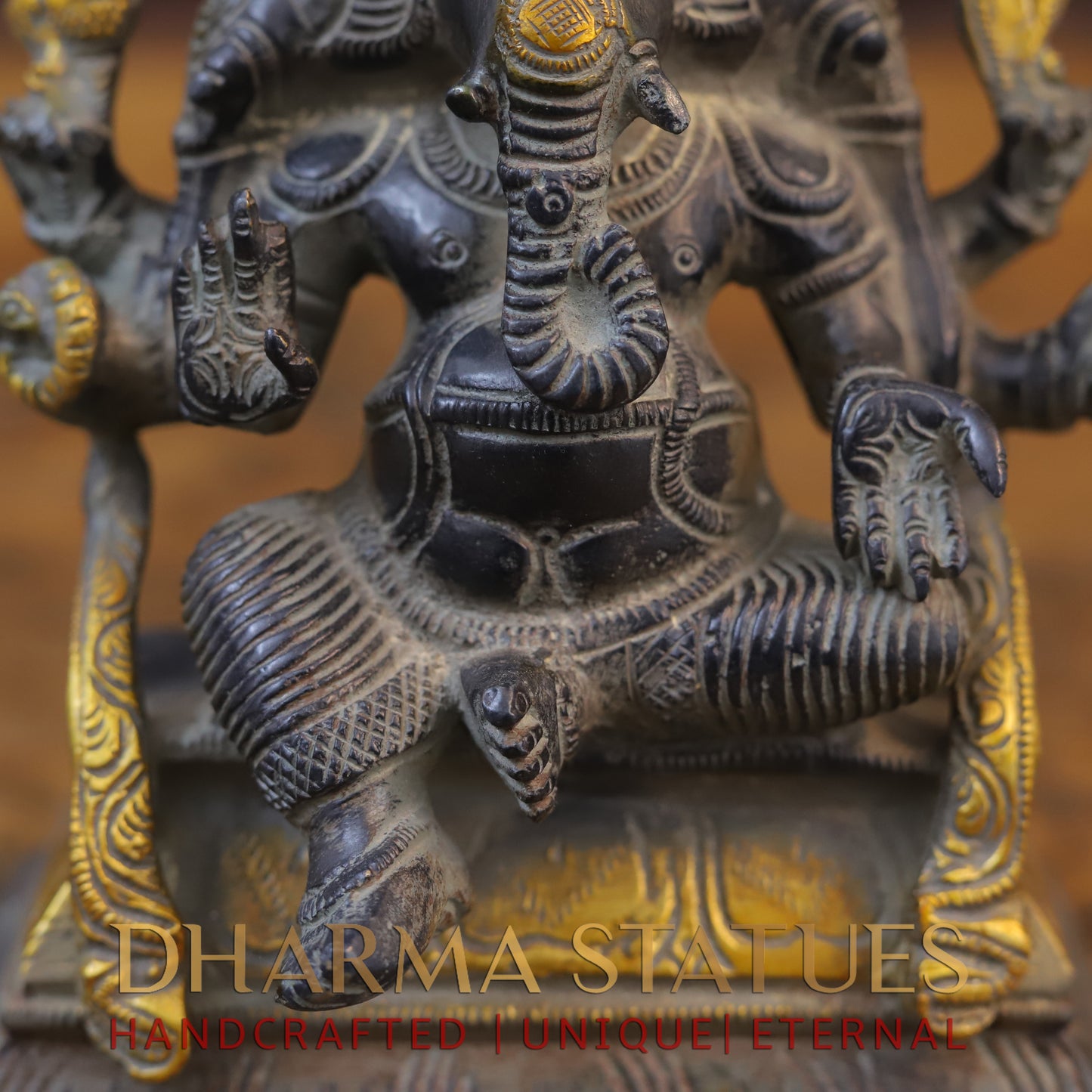 Brass Ganesh 3 face seated, Black Patina & Golden Finish, 7"