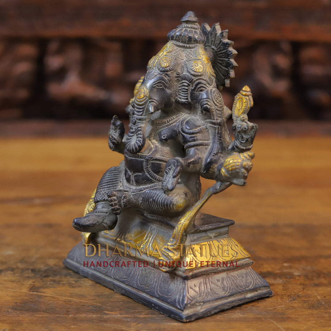 Brass Ganesh 3 face seated, Black Patina & Golden Finish, 7"