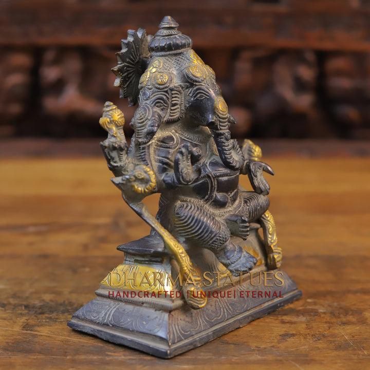 Brass Ganesh 3 face seated, Black Patina & Golden Finish, 7"