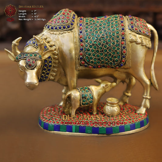Brass Cow With Calf Standing on Base, Golden Finish & Stonework, 7"