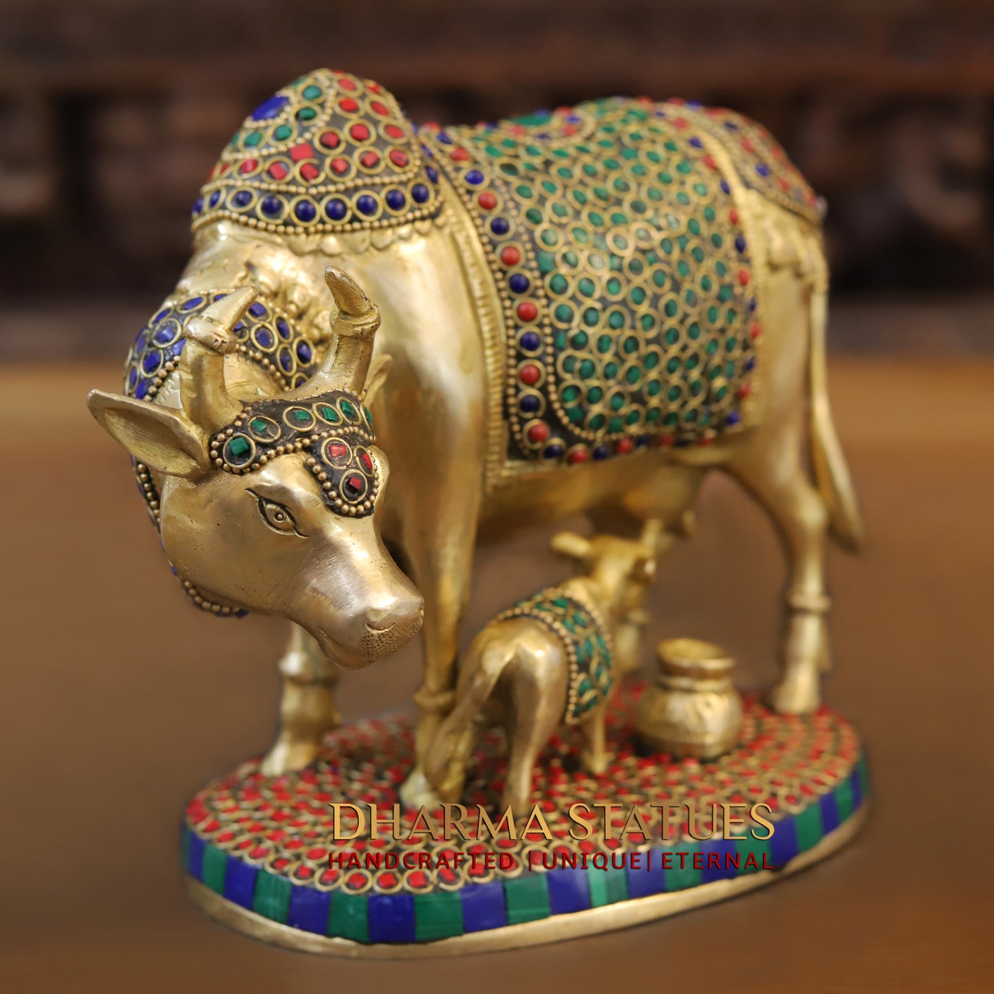 Brass Cow With Calf Standing on Base, Golden Finish & Stonework, 7"