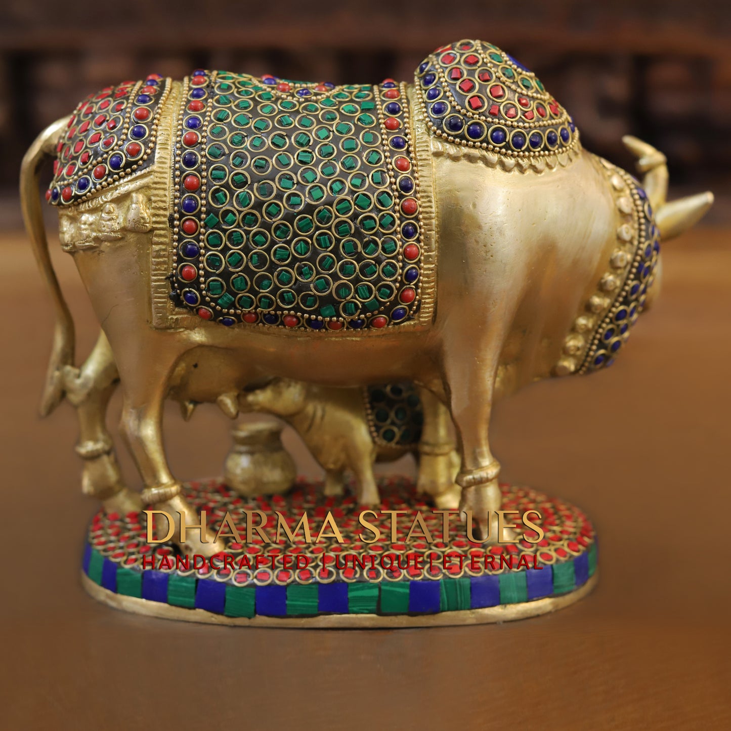 Brass Cow With Calf Standing on Base, Golden Finish & Stonework, 7"