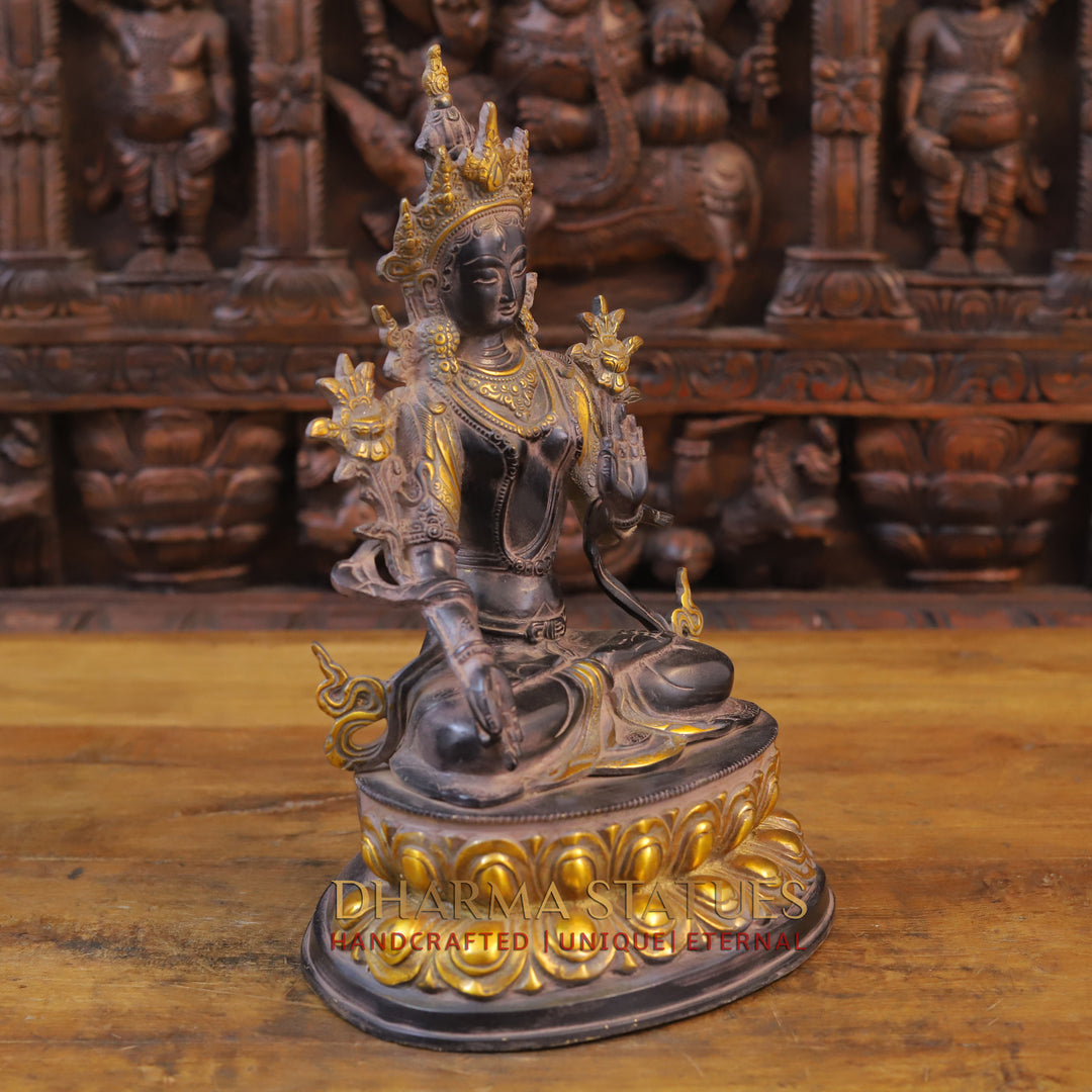 Brass Tara Idol, Seated on a Lotus, Black Patina & Golden Finish 14"