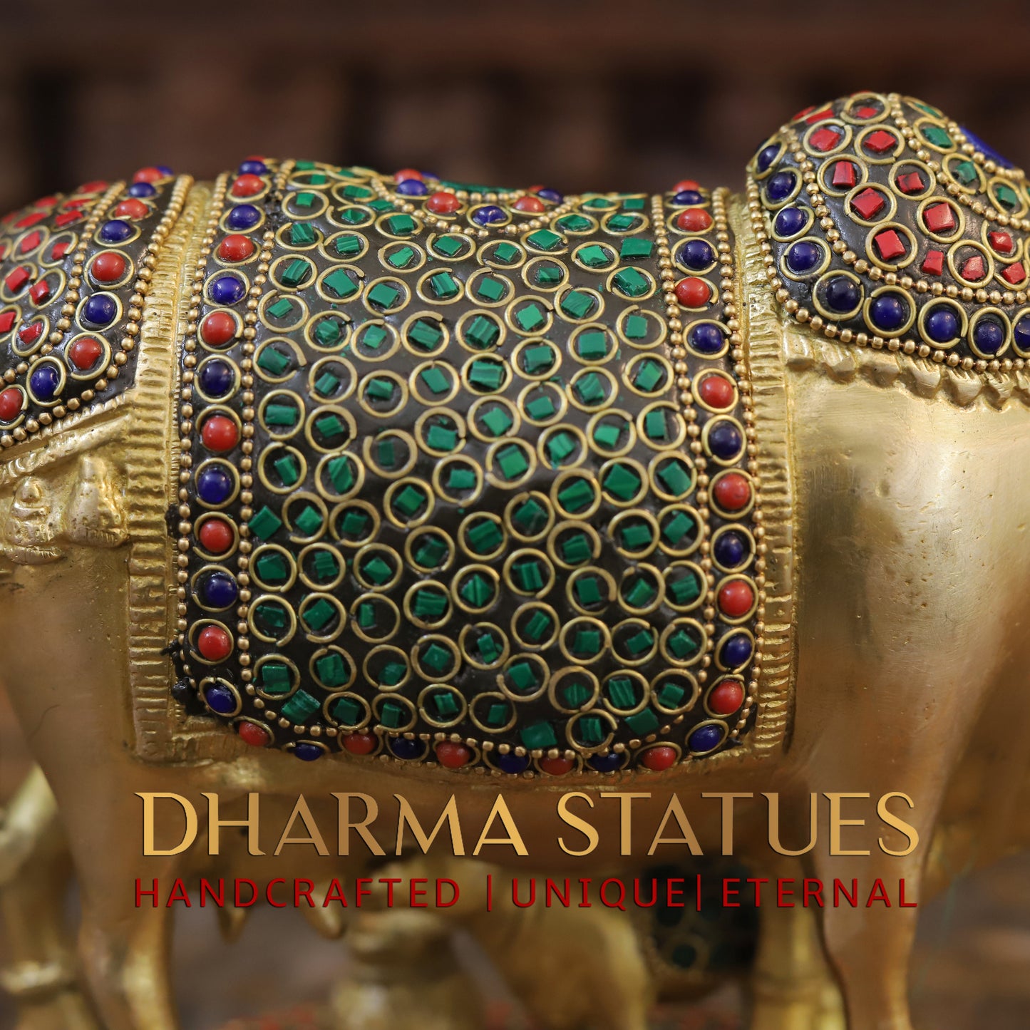 Brass Cow With Calf Standing on Base, Golden Finish & Stonework, 7"