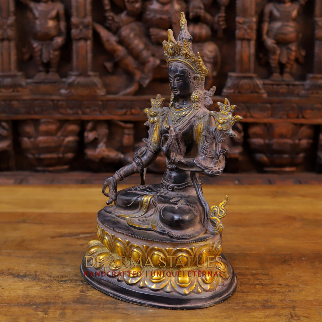 Brass Tara Idol, Seated on a Lotus, Black Patina & Golden Finish 14"