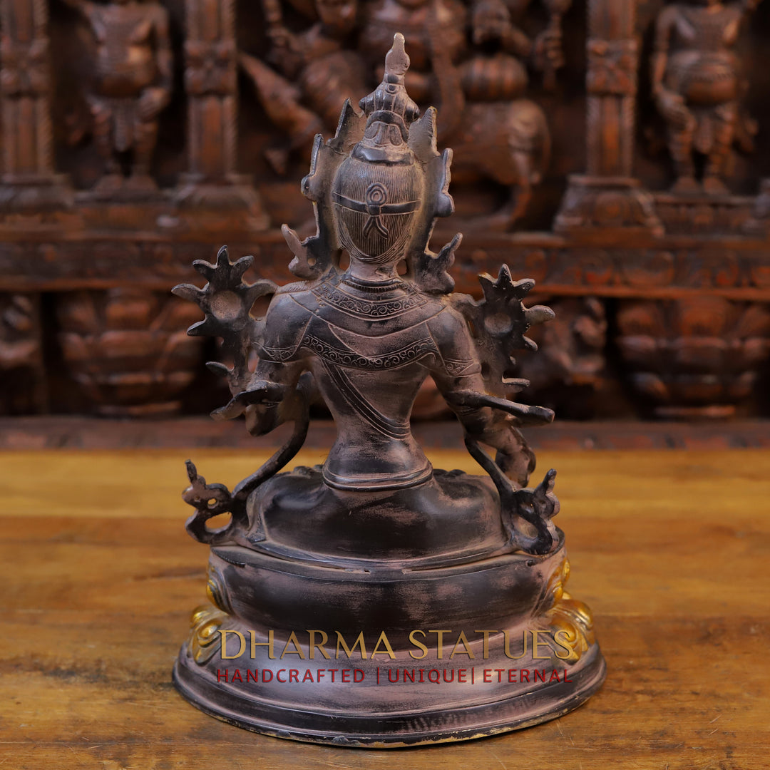 Brass Tara Idol, Seated on a Lotus, Black Patina & Golden Finish 14"