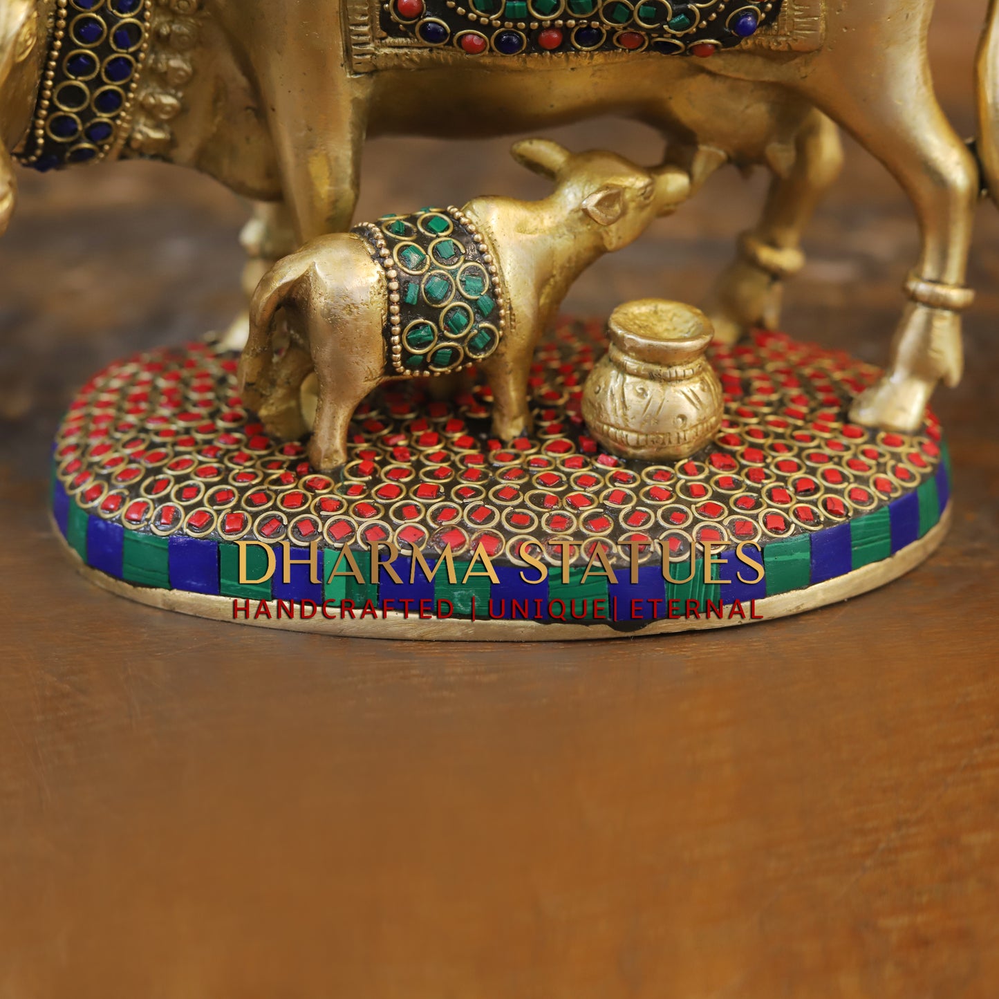 Brass Cow With Calf Standing on Base, Golden Finish & Stonework, 7"