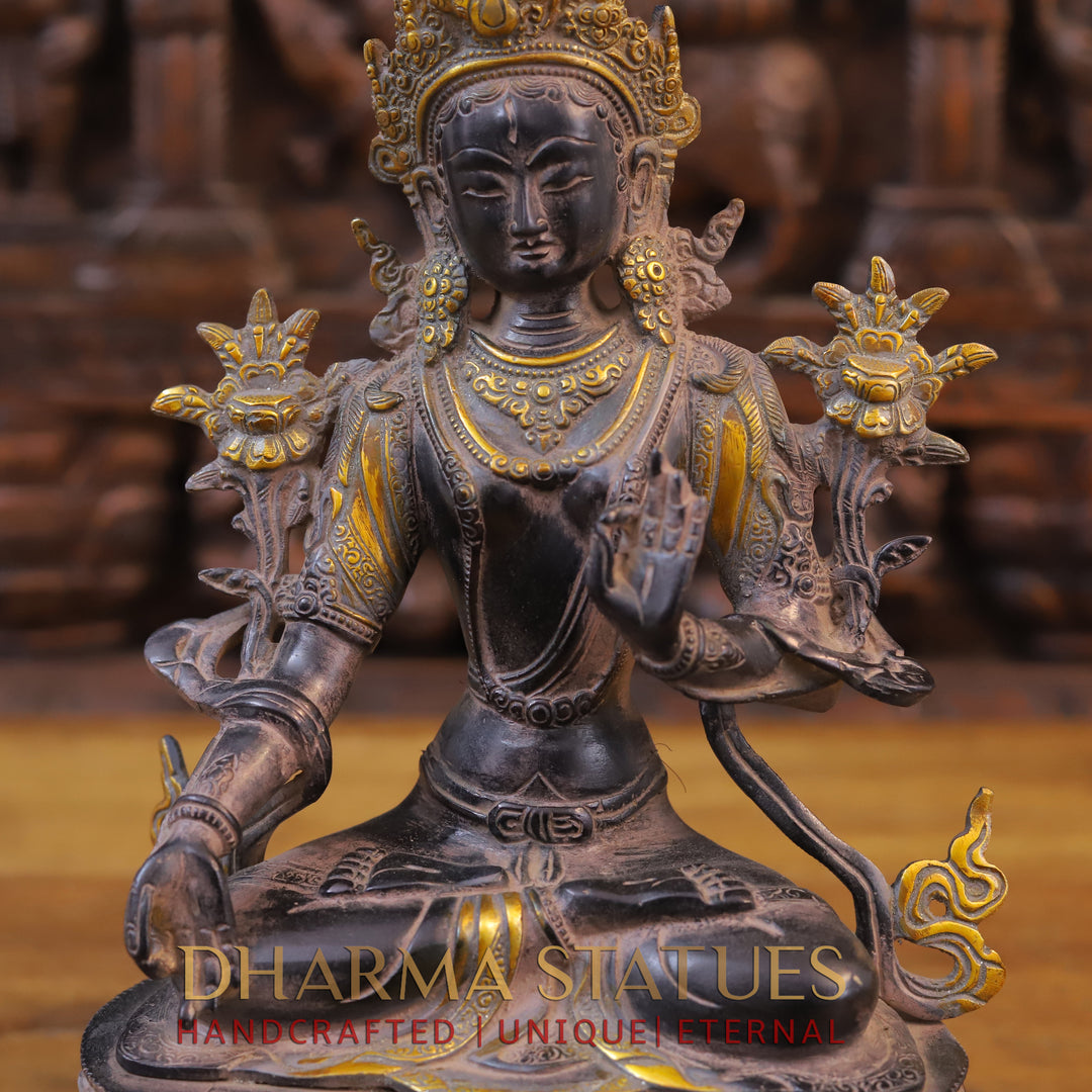 Brass Tara Idol, Seated on a Lotus, Black Patina & Golden Finish 14"