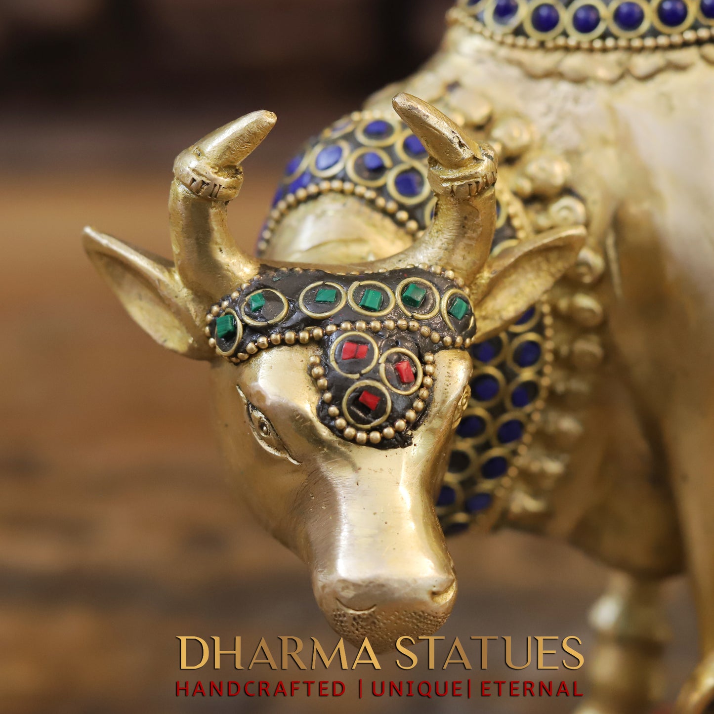 Brass Cow With Calf Standing on Base, Golden Finish & Stonework, 7"