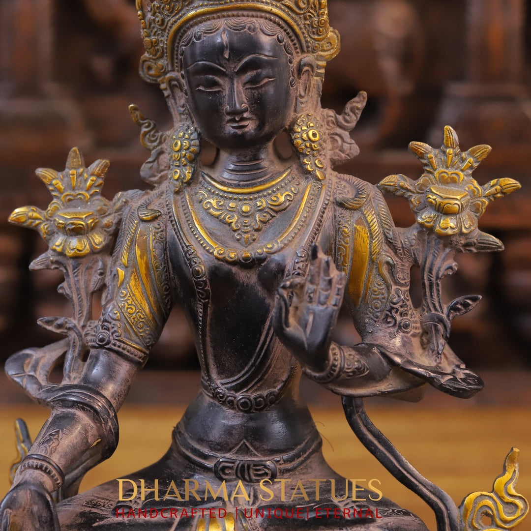 Brass Tara Idol, Seated on a Lotus, Black Patina & Golden Finish 14"