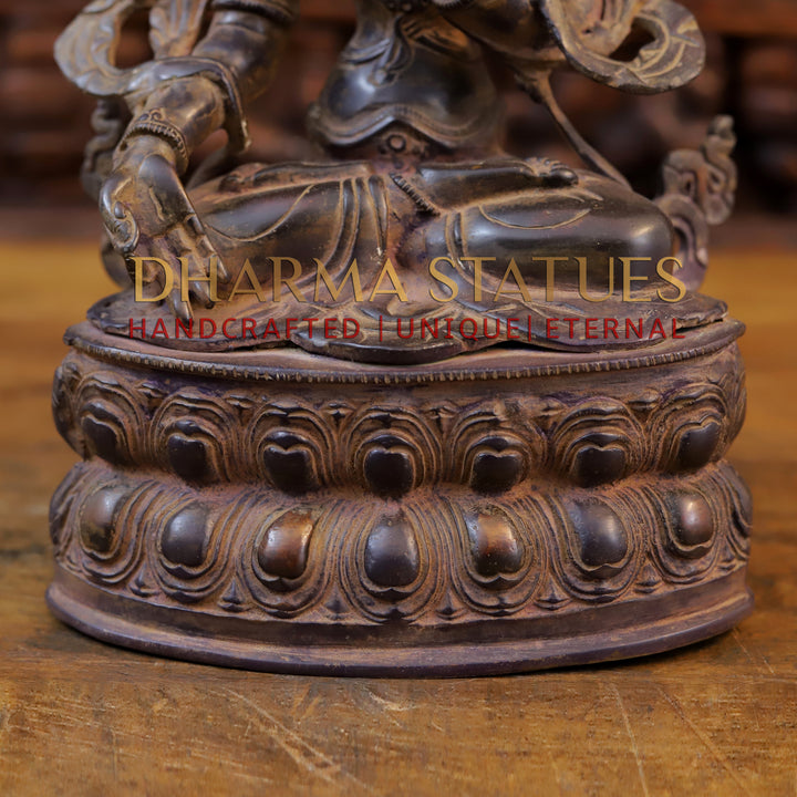 Brass Tara Devi Idol, Seated on a Lotus, Brown Finish 14"