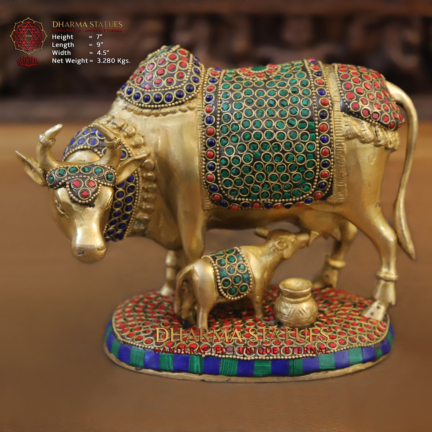 Brass Cow With Calf Standing on Base, Golden Finish & Stonework, 7"