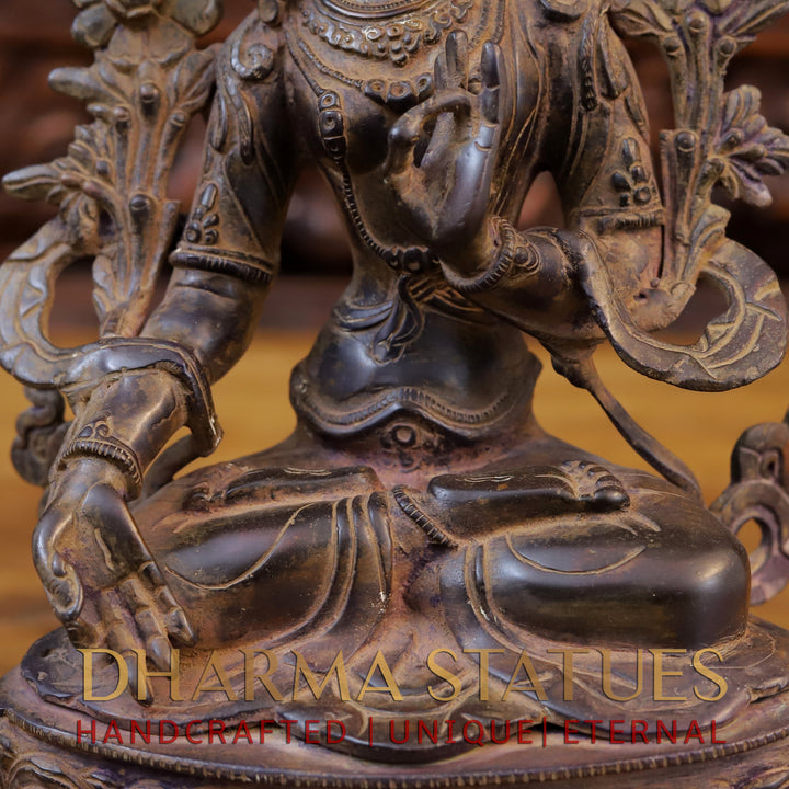 Brass Tara Devi Idol, Seated on a Lotus, Brown Finish 14"