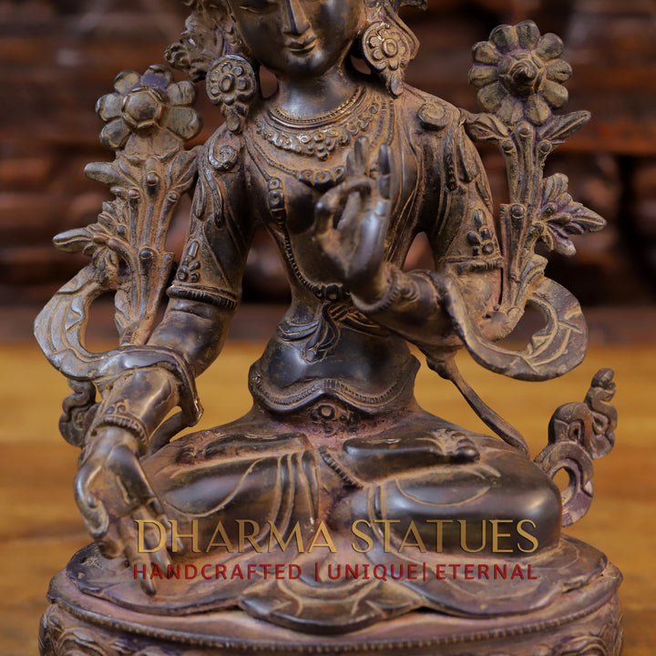 Brass Tara Devi Idol, Seated on a Lotus, Brown Finish 14"