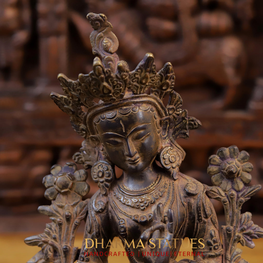 Brass Tara Devi Idol, Seated on a Lotus, Brown Finish 14"