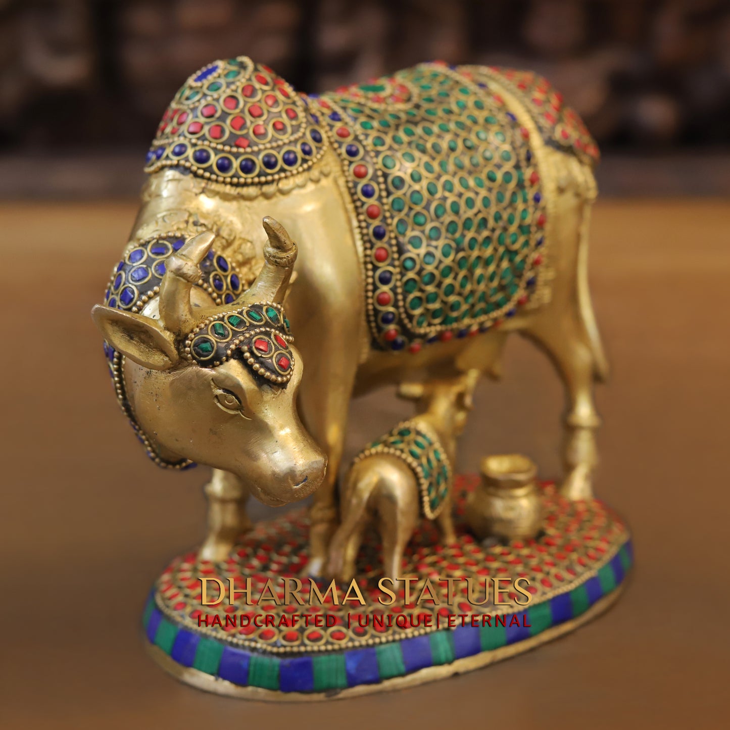 Brass Cow With Calf Standing on Base, Golden Finish & Stonework, 7"