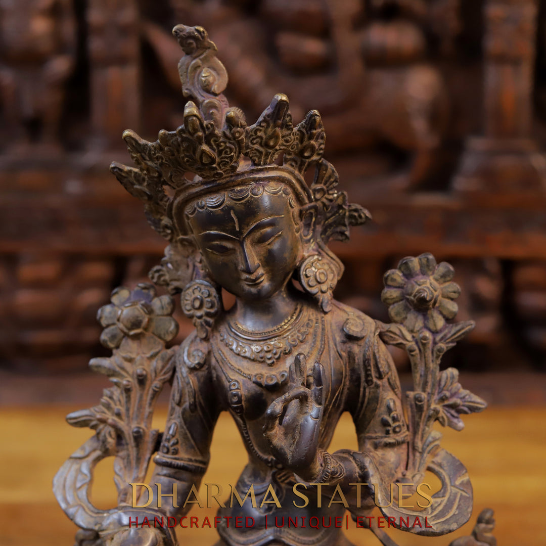 Brass Tara Devi Idol, Seated on a Lotus, Brown Finish 14"