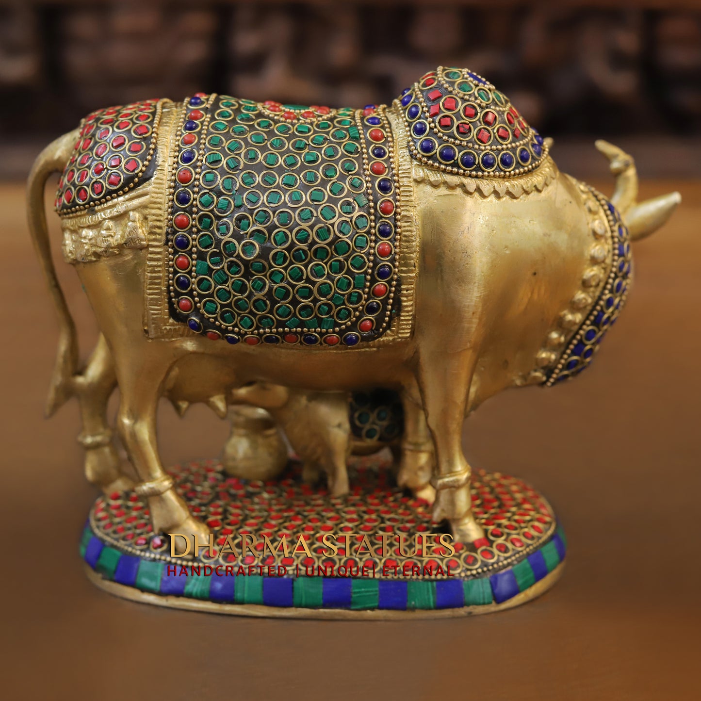 Brass Cow With Calf Standing on Base, Golden Finish & Stonework, 7"