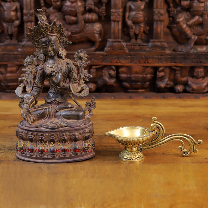 Brass Tara Devi Idol, Seated on a Lotus, Brown Finish 14"