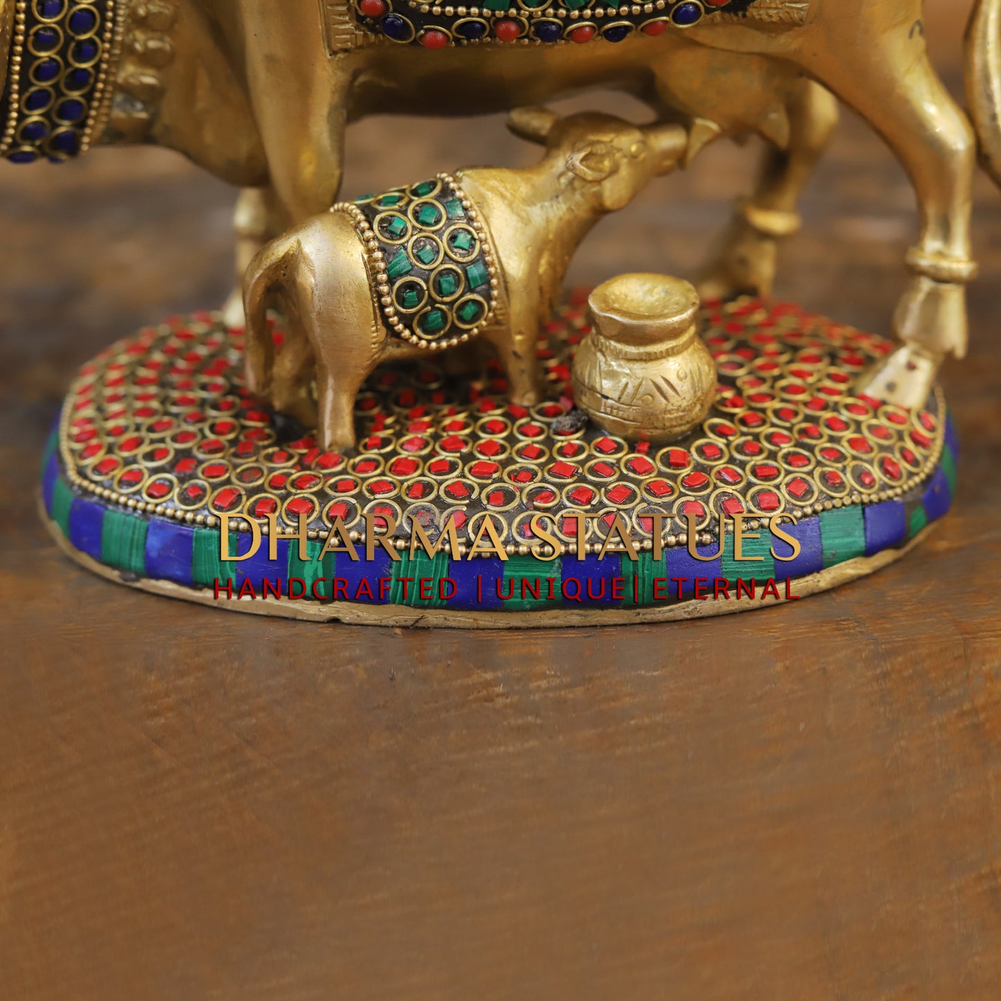 Brass Cow With Calf Standing on Base, Golden Finish & Stonework, 7"
