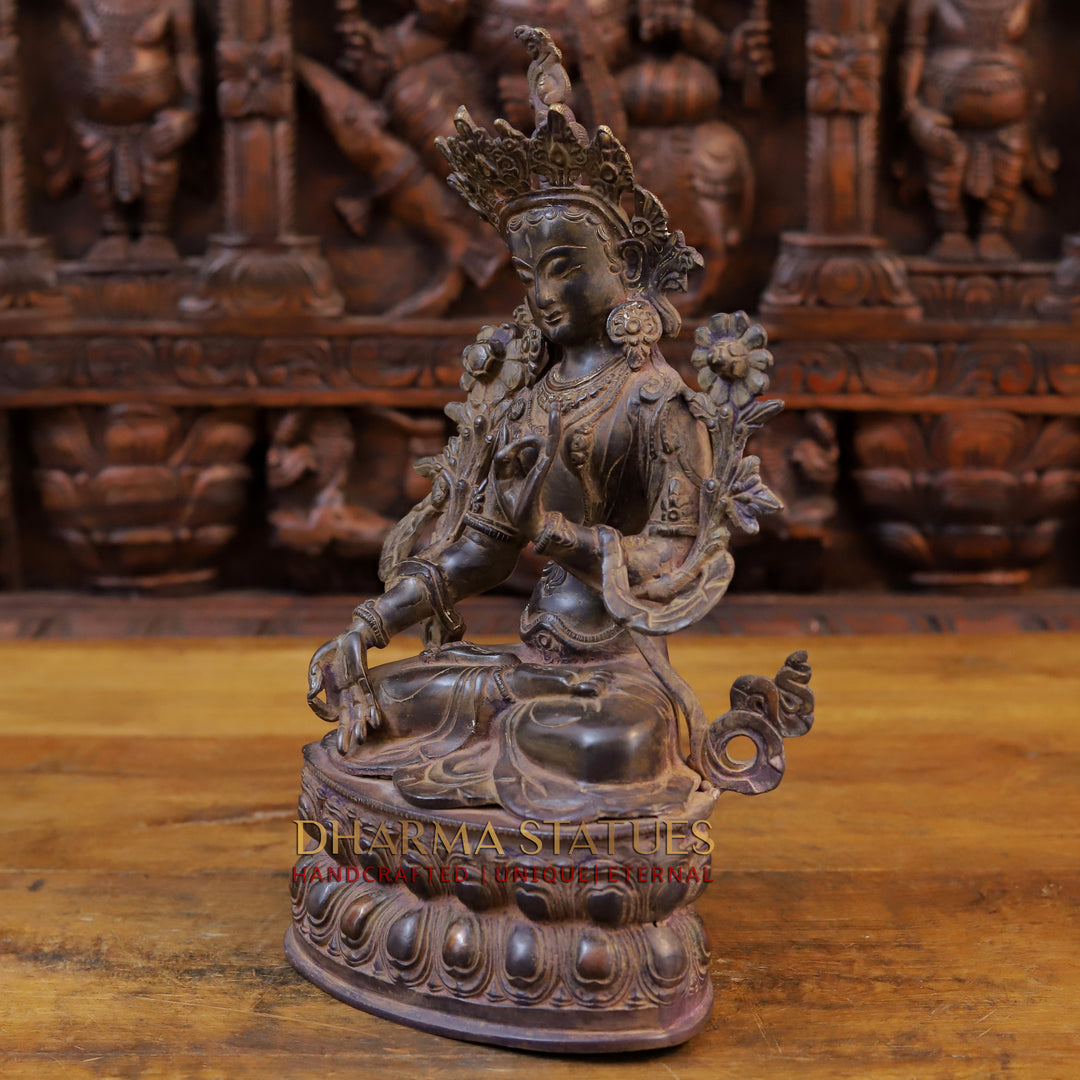 Brass Tara Devi Idol, Seated on a Lotus, Brown Finish 14"