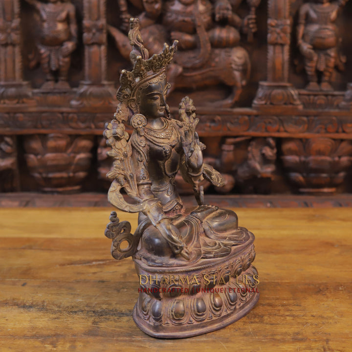 Brass Tara Devi Idol, Seated on a Lotus, Brown Finish 14"